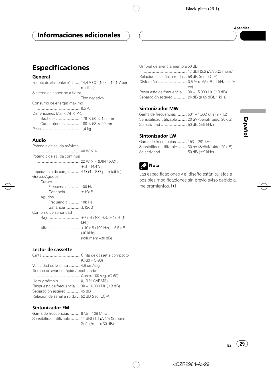 Especificaciones 29, Especificaciones, Informaciones adicionales | Español | Pioneer KEH-1033 User Manual | Page 29 / 92
