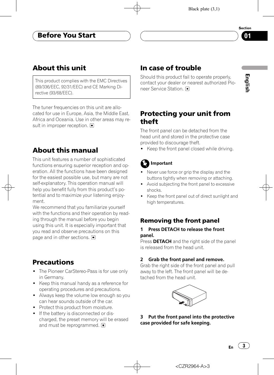 Removing the front panel 3, About this unit, About this manual | Precautions, Protecting your unit from theft, Before you start | Pioneer KEH-1033 User Manual | Page 3 / 92