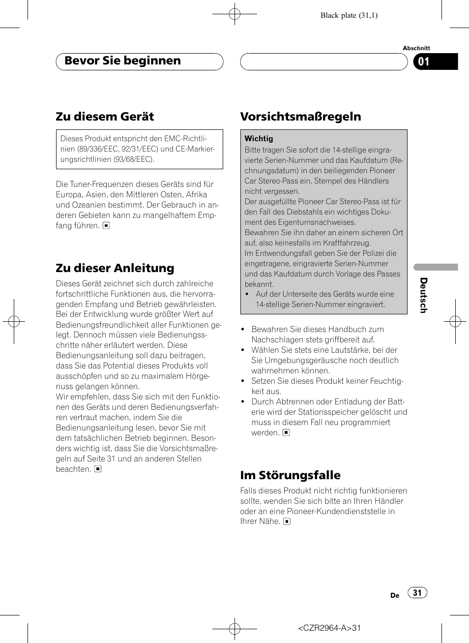 Bevor sie beginnen zu diesem gerät 31, Zu dieser anleitung 31, Vorsichtsmaßregeln 31 | Im störungsfalle 31, Zu diesem gerät, Zu dieser anleitung, Vorsichtsmaßregeln, Im störungsfalle, Bevor sie beginnen | Pioneer KEH-1033 User Manual | Page 31 / 92