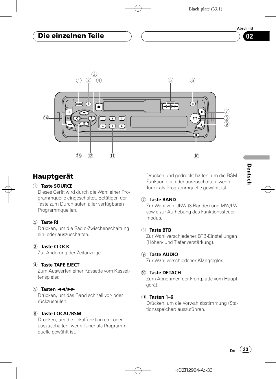 Die einzelnen teile, Hauptgerät 33, Hauptgerät | Pioneer KEH-1033 User Manual | Page 33 / 92