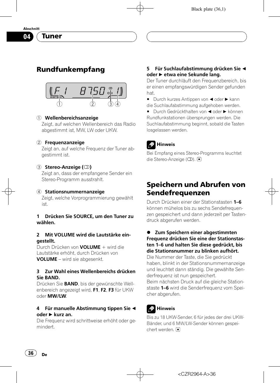 Tuner, Rundfunkempfang 36, Speichern und abrufen von | Sendefrequenzen 36, Rundfunkempfang, Speichern und abrufen von sendefrequenzen | Pioneer KEH-1033 User Manual | Page 36 / 92