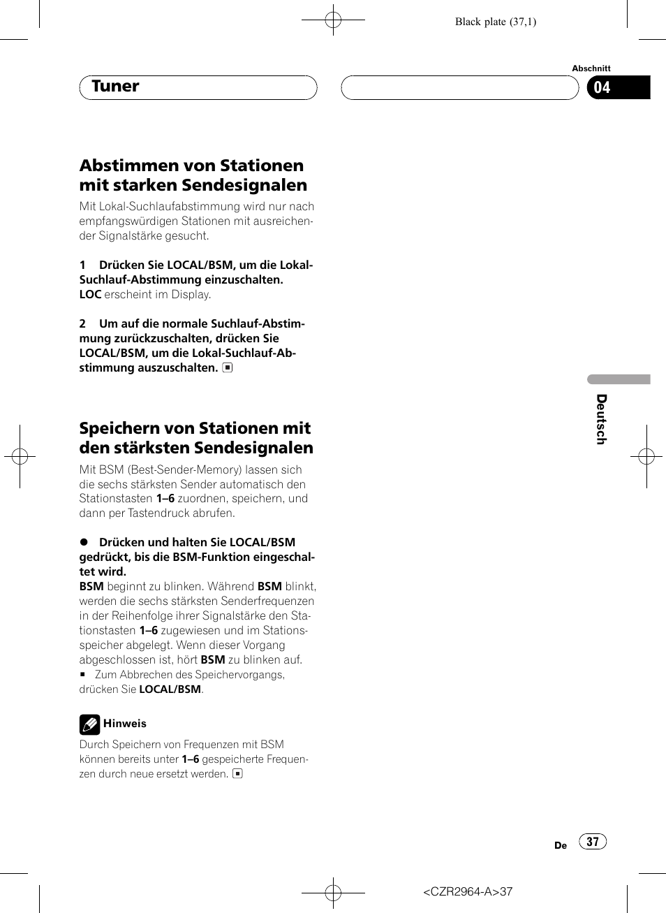 Abstimmen von stationen mit starken, Sendesignalen 37, Speichern von stationen mit den stärksten | Abstimmen von stationen mit starken sendesignalen, Tuner | Pioneer KEH-1033 User Manual | Page 37 / 92