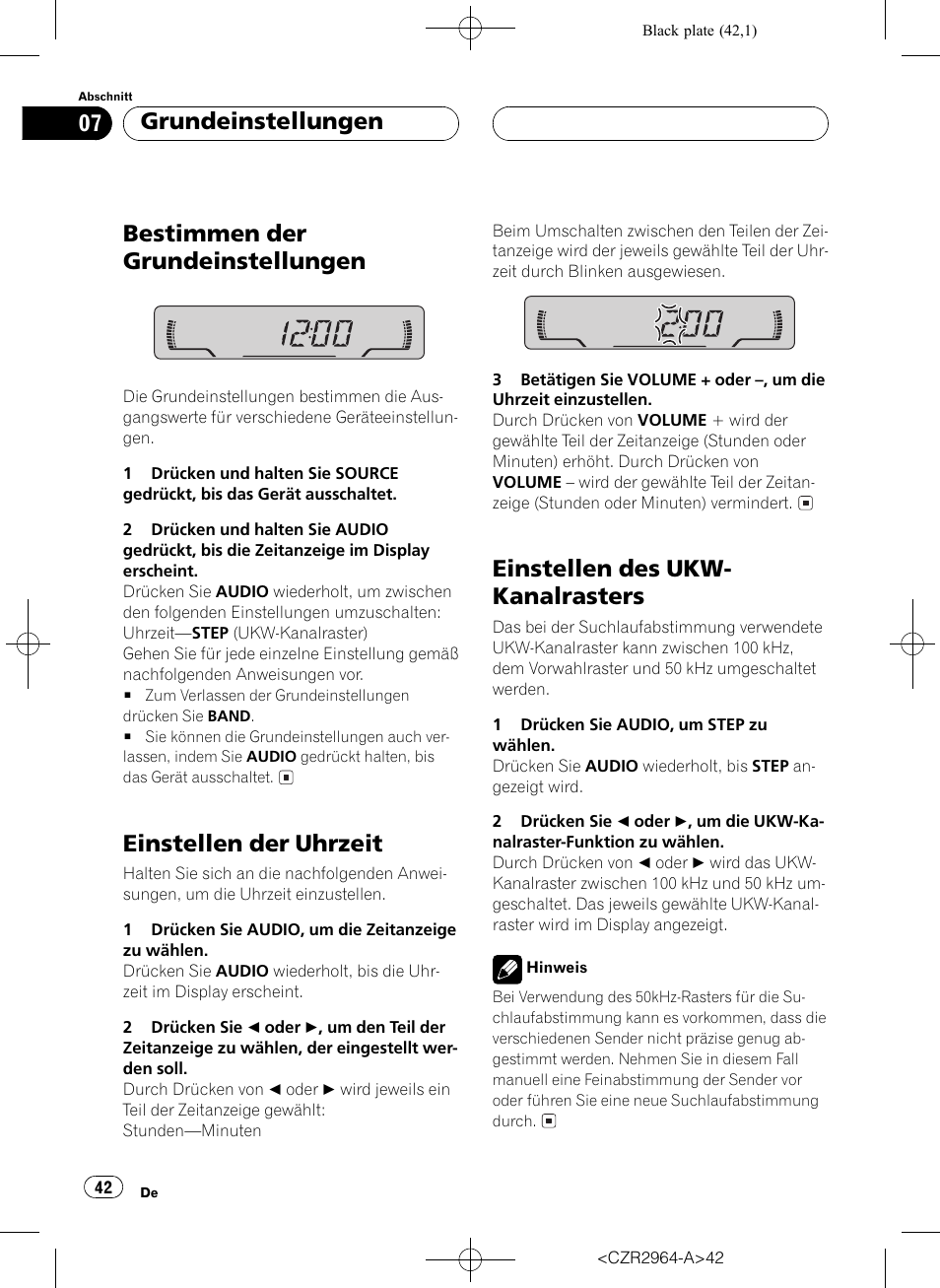 Grundeinstellungen, Bestimmen der grundeinstellungen 42, Einstellen der uhrzeit 42 | Einstellen des ukw-kanalrasters 42, Bestimmen der grundeinstellungen, Einstellen der uhrzeit, Einstellen des ukw- kanalrasters | Pioneer KEH-1033 User Manual | Page 42 / 92