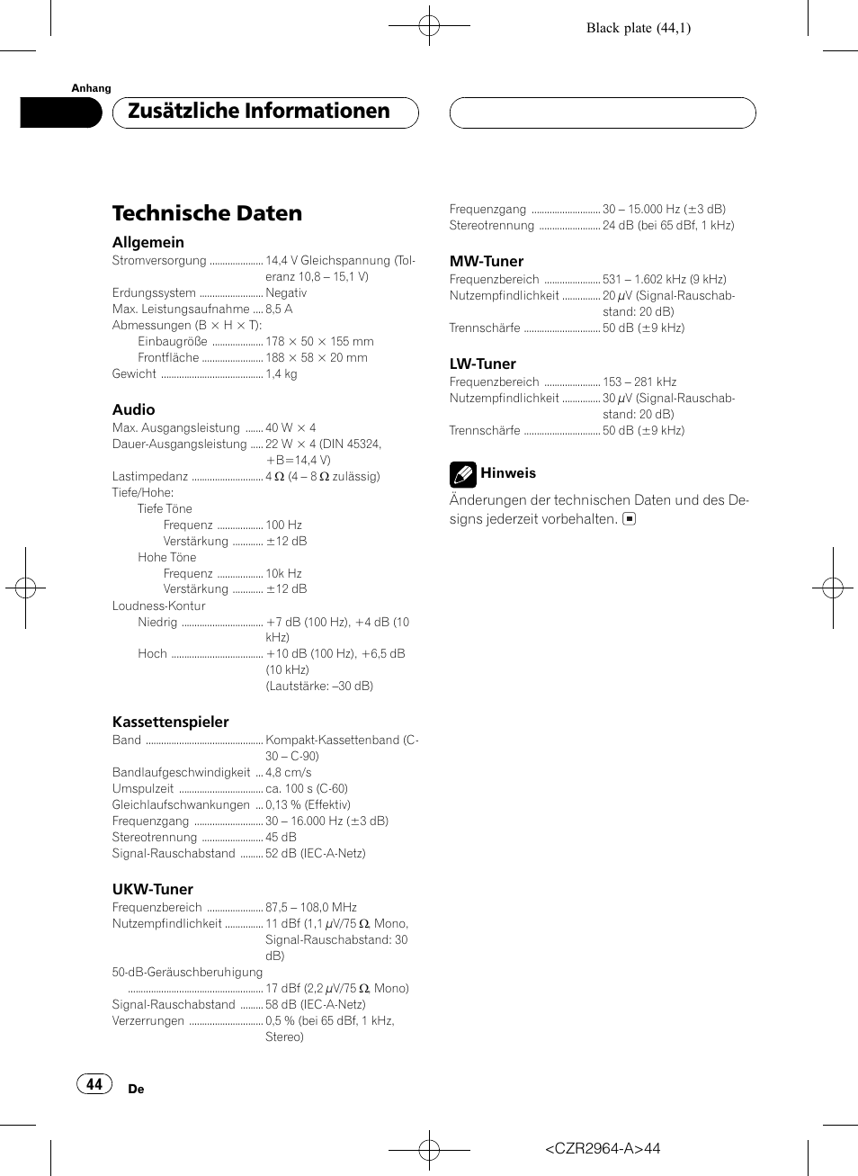 Technische daten 44, Technische daten, Zusätzliche informationen | Pioneer KEH-1033 User Manual | Page 44 / 92