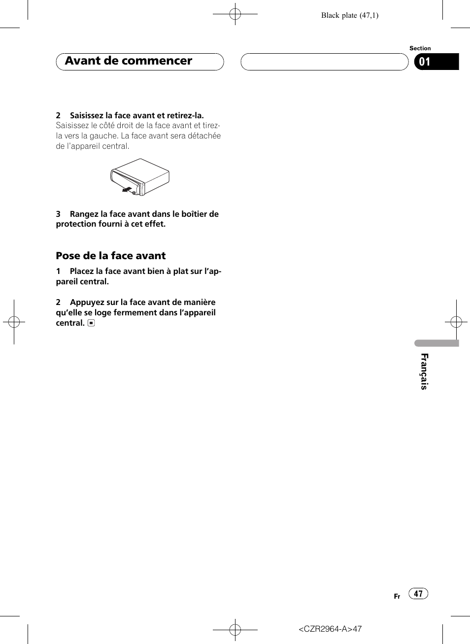 Pose de la face avant 47, Avant de commencer | Pioneer KEH-1033 User Manual | Page 47 / 92