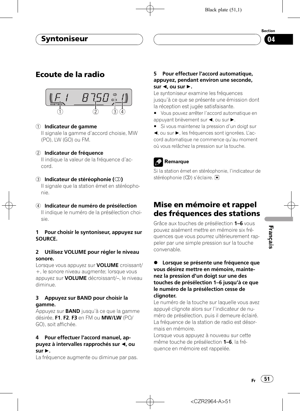 Syntoniseur, Ecoute de la radio 51, Mise en mémoire et rappel des fréquences | Des stations 51, Ecoute de la radio | Pioneer KEH-1033 User Manual | Page 51 / 92