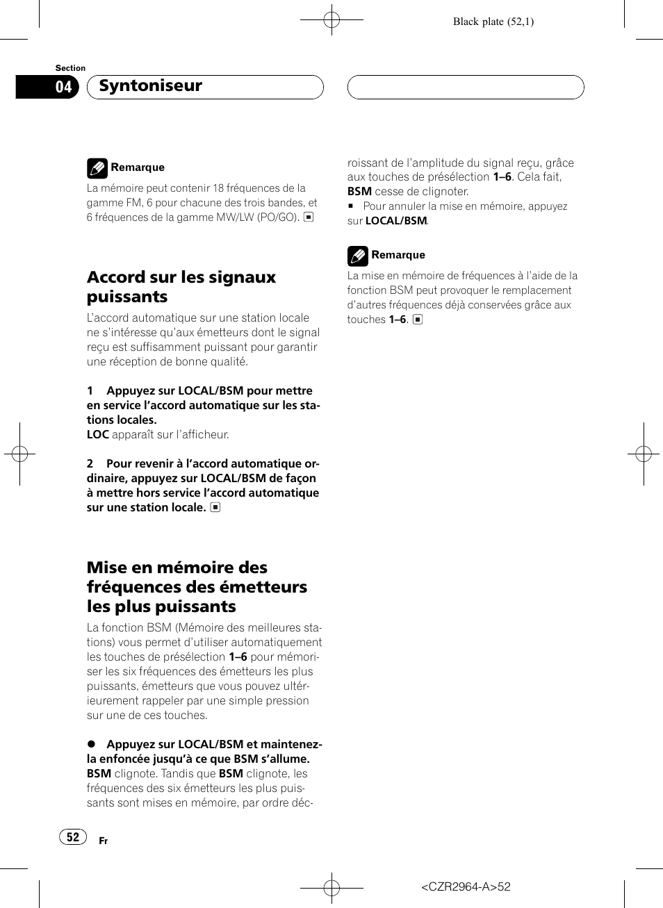 Accord sur les signaux puissants 52, Mise en mémoire des fréquences des, Émetteurs les plus puissants 52 | Accord sur les signaux puissants, Syntoniseur | Pioneer KEH-1033 User Manual | Page 52 / 92
