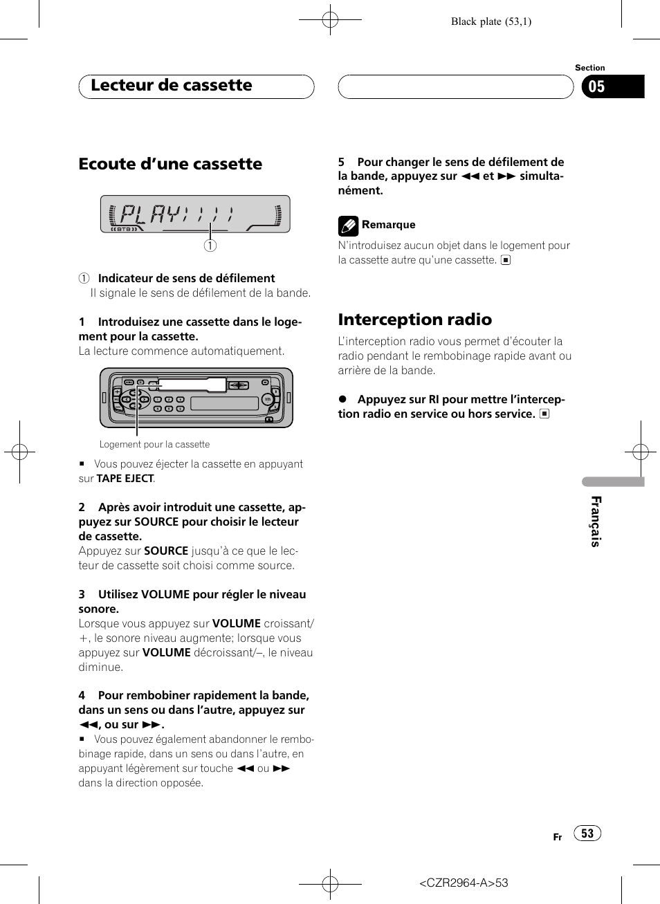 Lecteur de cassette, Ecoute dune cassette 53, Interception radio 53 | Ecoute dune cassette, Interception radio | Pioneer KEH-1033 User Manual | Page 53 / 92