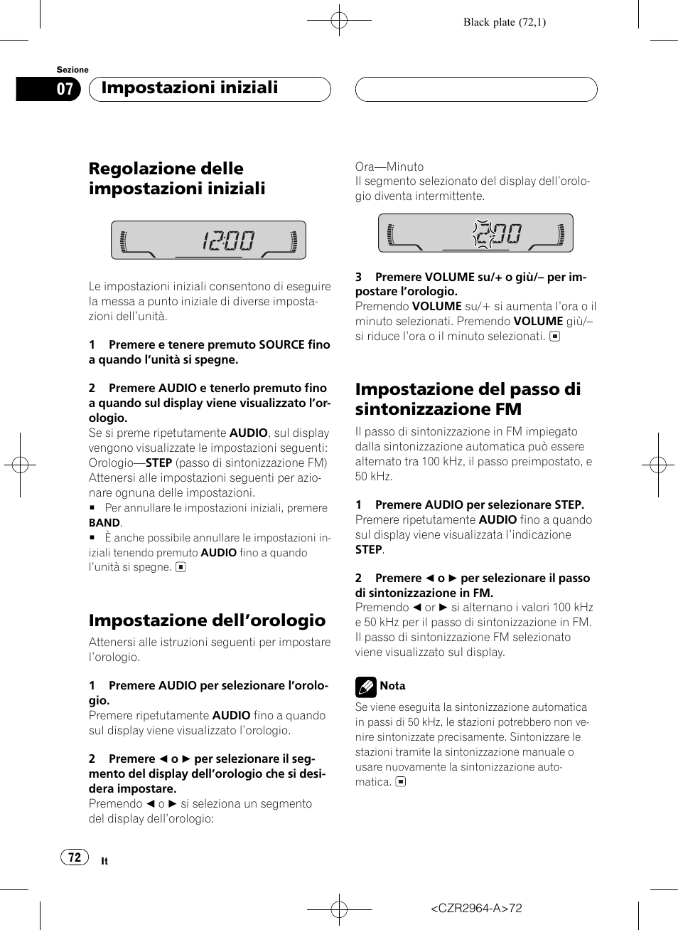 Impostazioni iniziali, Regolazione delle impostazioni iniziali 72, Impostazione dellorologio 72 | Impostazione del passo di sintonizzazione, Fm 72, Regolazione delle impostazioni iniziali, Impostazione dellorologio, Impostazione del passo di sintonizzazione fm | Pioneer KEH-1033 User Manual | Page 72 / 92