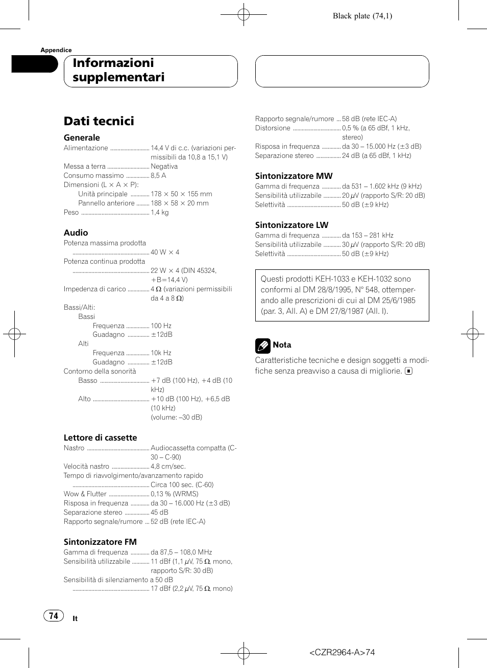 Dati tecnici 74, Dati tecnici, Informazioni supplementari | Pioneer KEH-1033 User Manual | Page 74 / 92