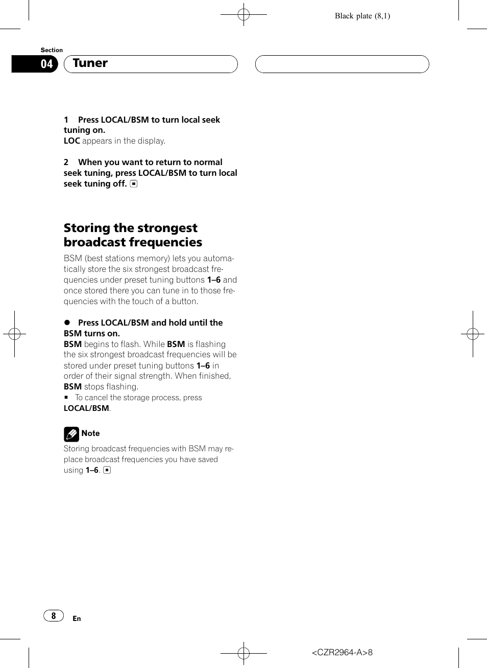 Storing the strongest broadcast, Frequencies 8, Storing the strongest broadcast frequencies | Tuner | Pioneer KEH-1033 User Manual | Page 8 / 92