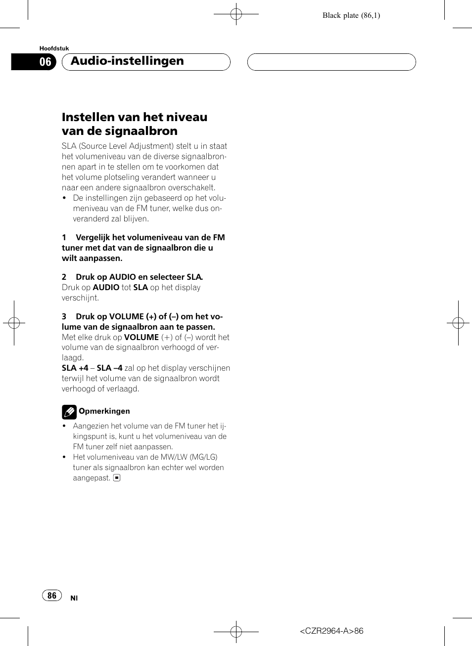 Instellen van het niveau van de, Signaalbron 86, Instellen van het niveau van de signaalbron | Audio-instellingen | Pioneer KEH-1033 User Manual | Page 86 / 92