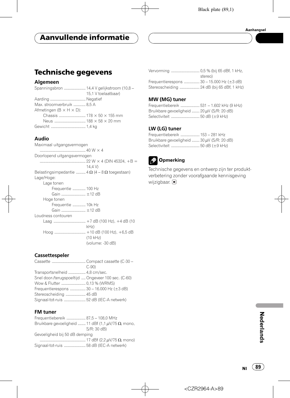 Technische gegevens 89, Technische gegevens, Aanvullende informatie | Nederlands | Pioneer KEH-1033 User Manual | Page 89 / 92