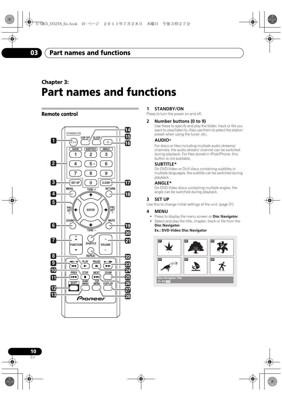 Remote control, Part names and functions, Part names and functions 03 | Chapter 3 | Pioneer X-SMC5-K User Manual | Page 10 / 168