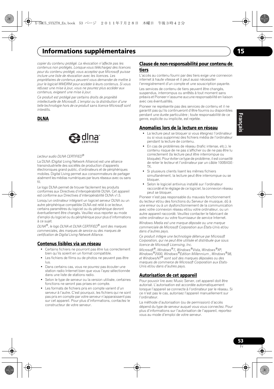 Informations supplémentaires 15, English français español, Dlna | Contenus lisibles via un réseau, Clause de non-responsabilité pour contenu de tiers, Anomalies lors de la lecture en réseau, Autorisation de cet appareil | Pioneer X-SMC5-K User Manual | Page 107 / 168