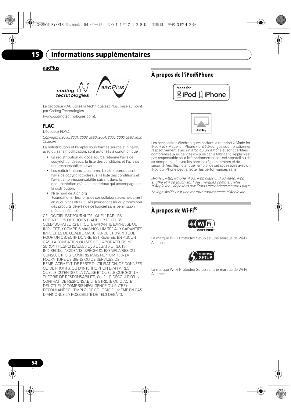 À propos de l’ipod/iphone à propos de wi-fi, Informations supplémentaires 15, À propos de l’ipod/iphone | À propos de wi-fi | Pioneer X-SMC5-K User Manual | Page 108 / 168