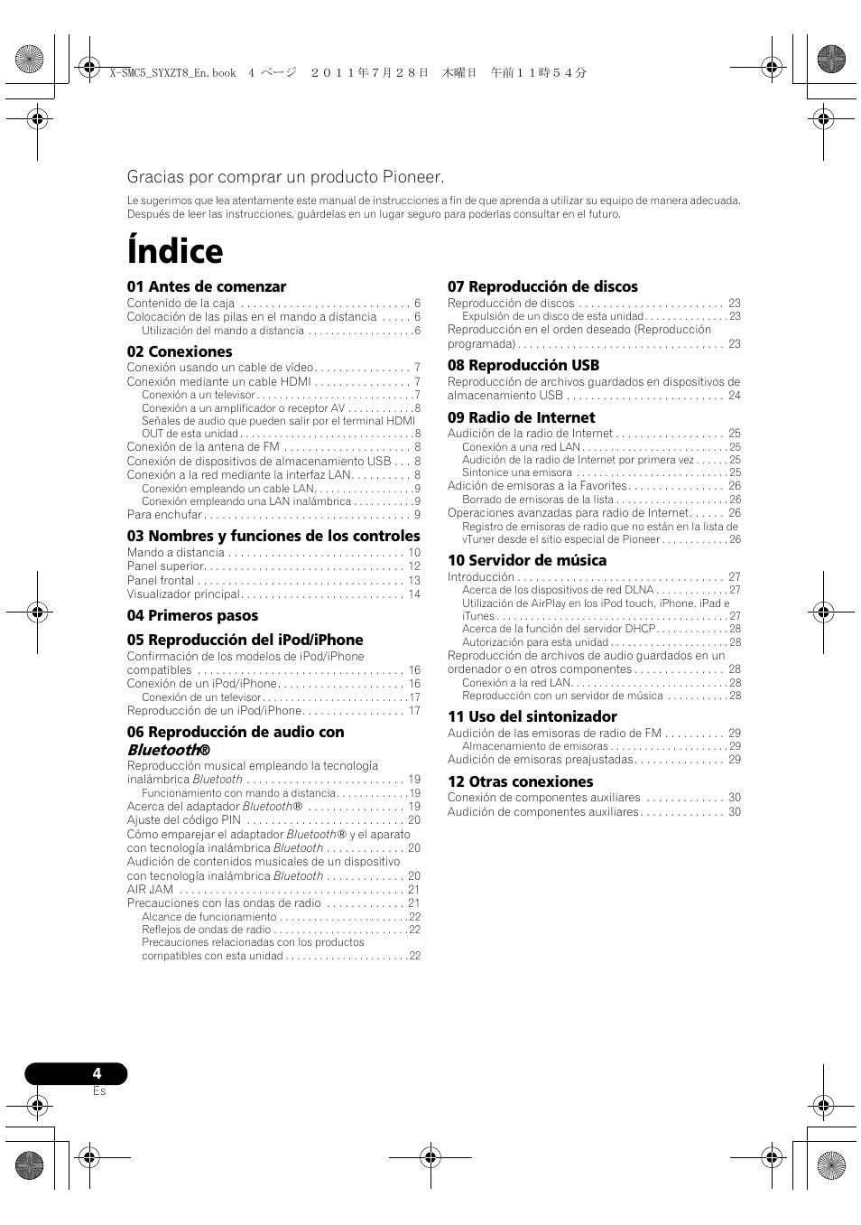 Sistema micro slim av, Manual de instrucciones, Índice | Gracias por comprar un producto pioneer, Bluetooth | Pioneer X-SMC5-K User Manual | Page 112 / 168