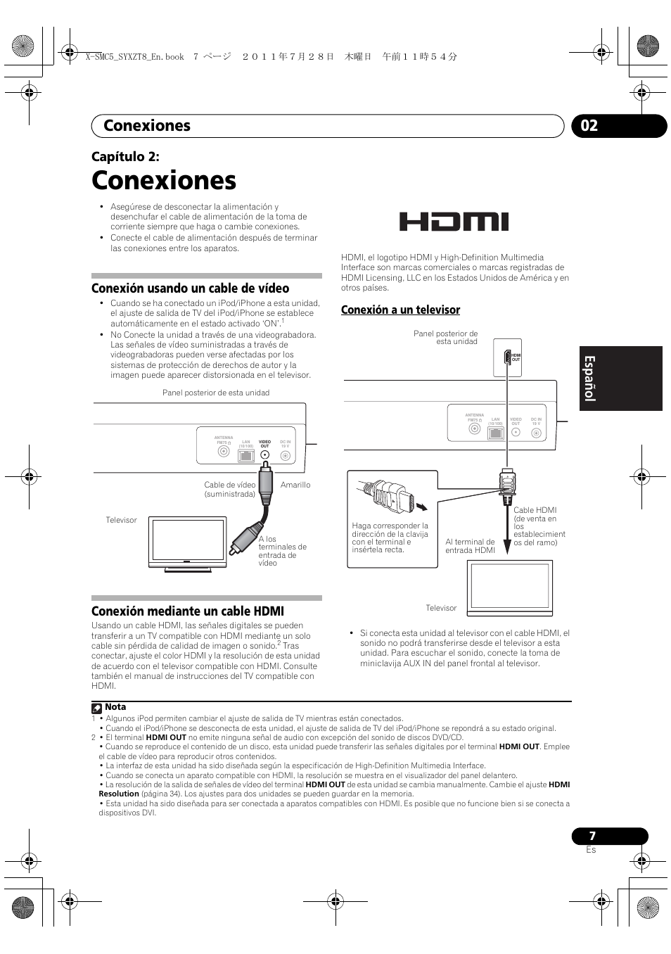 Conexión a un televisor, Conexiones, Conexiones 02 | English français español capítulo 2, Conexión usando un cable de vídeo, Conexión mediante un cable hdmi | Pioneer X-SMC5-K User Manual | Page 115 / 168
