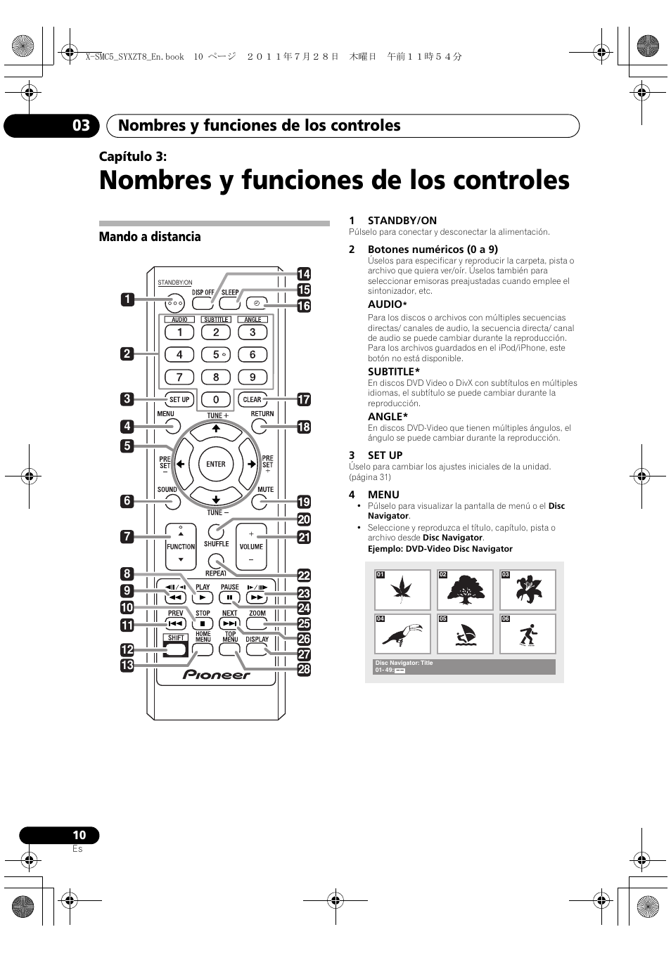 Mando a distancia, Nombres y funciones de los controles, Nombres y funciones de los controles 03 | Capítulo 3 | Pioneer X-SMC5-K User Manual | Page 118 / 168