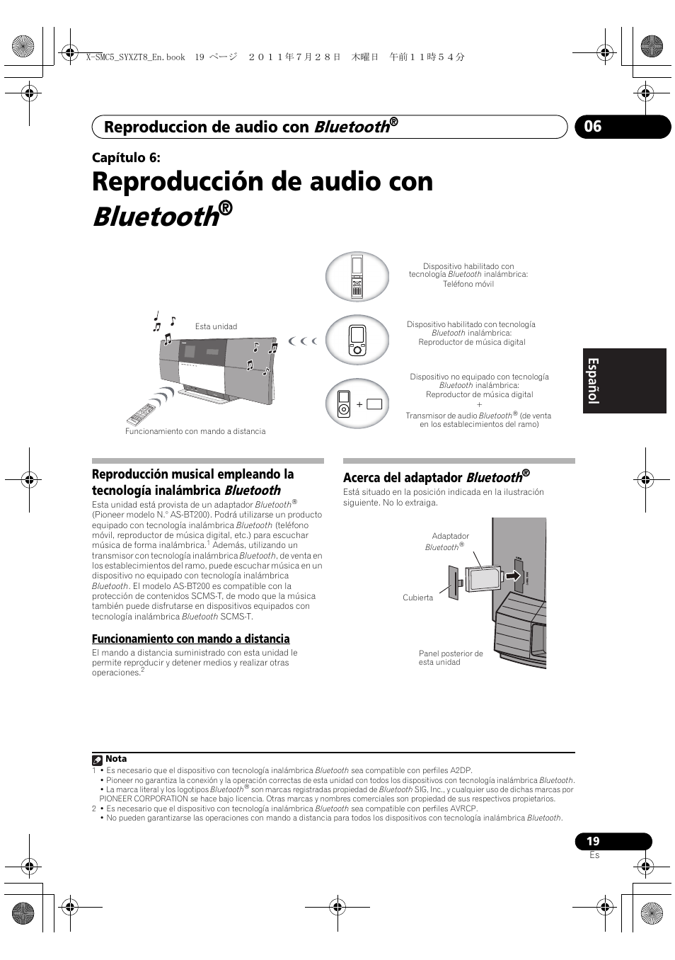 Funcionamiento con mando a distancia, Acerca del adaptador bluetooth, Reproducción de audio con | Bluetooth, Reproduccion de audio con, English français español capítulo 6 | Pioneer X-SMC5-K User Manual | Page 127 / 168