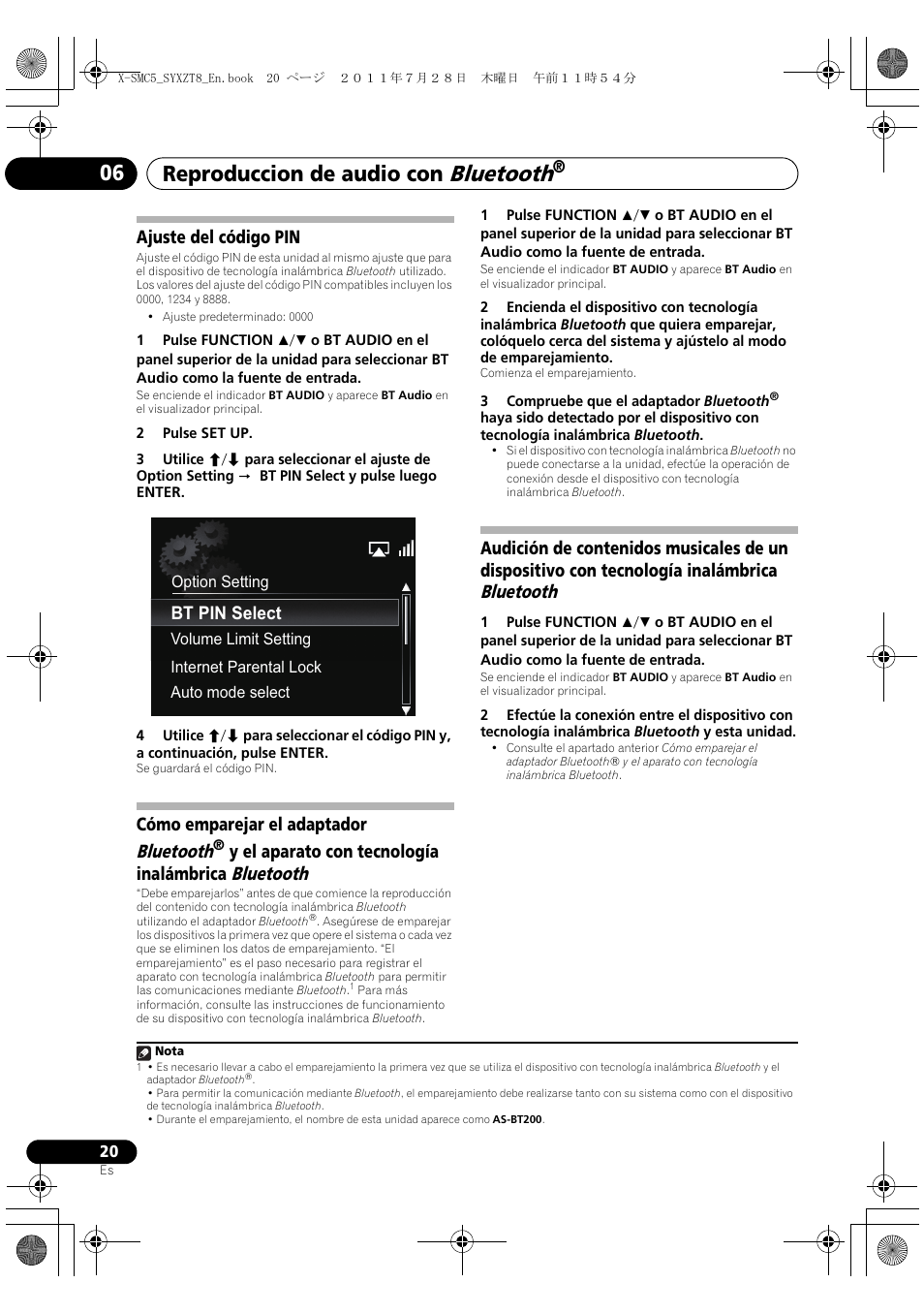 Bluetooth, Reproduccion de audio con, Ajuste del código pin | Cómo emparejar el adaptador bluetooth, Y el aparato con tecnología inalámbrica bluetooth | Pioneer X-SMC5-K User Manual | Page 128 / 168