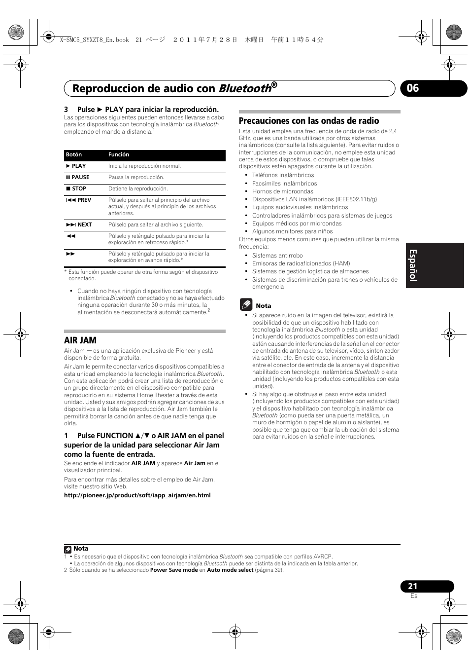 Air jam precauciones con las ondas de radio, Bluetooth, Reproduccion de audio con | English français español, Air jam, Precauciones con las ondas de radio | Pioneer X-SMC5-K User Manual | Page 129 / 168