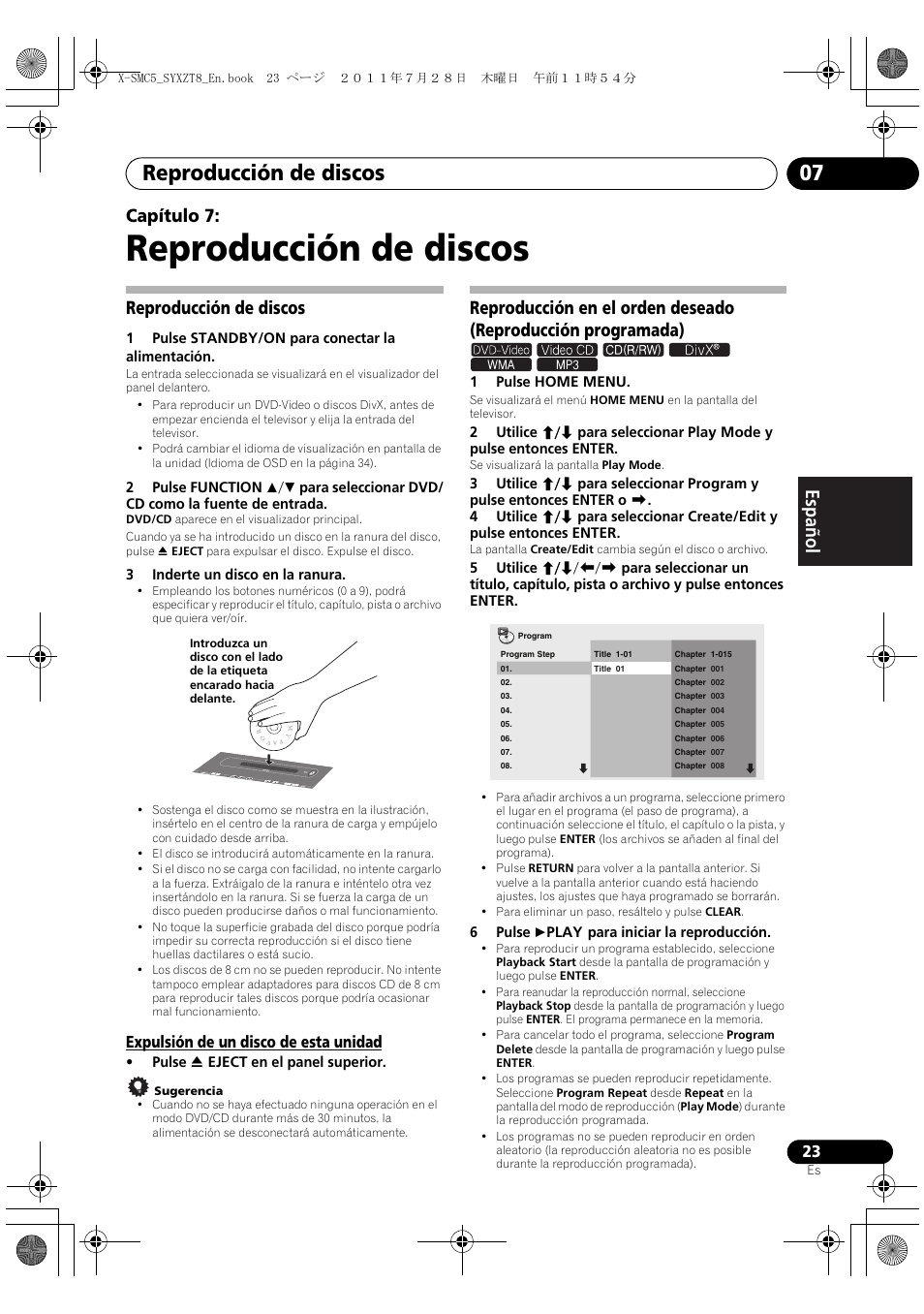 Reproducción de discos, Expulsión de un disco de esta unidad, Reproducción de discos 07 | English français español capítulo 7 | Pioneer X-SMC5-K User Manual | Page 131 / 168