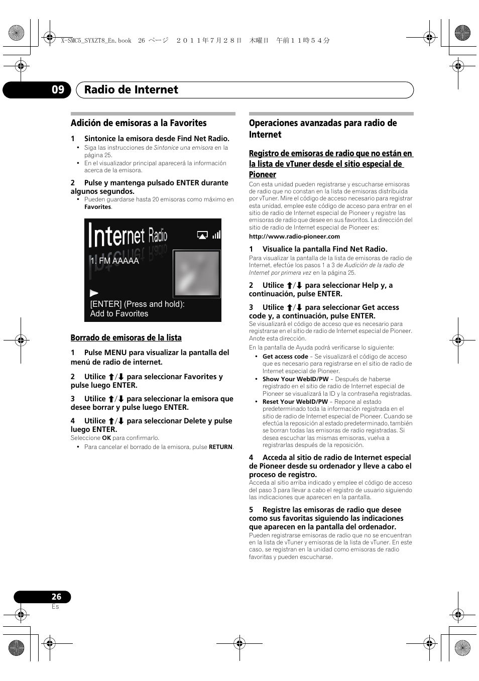 Adición de emisoras a la favorites, Borrado de emisoras de la lista, Operaciones avanzadas para radio de internet | Radio de internet 09 | Pioneer X-SMC5-K User Manual | Page 134 / 168