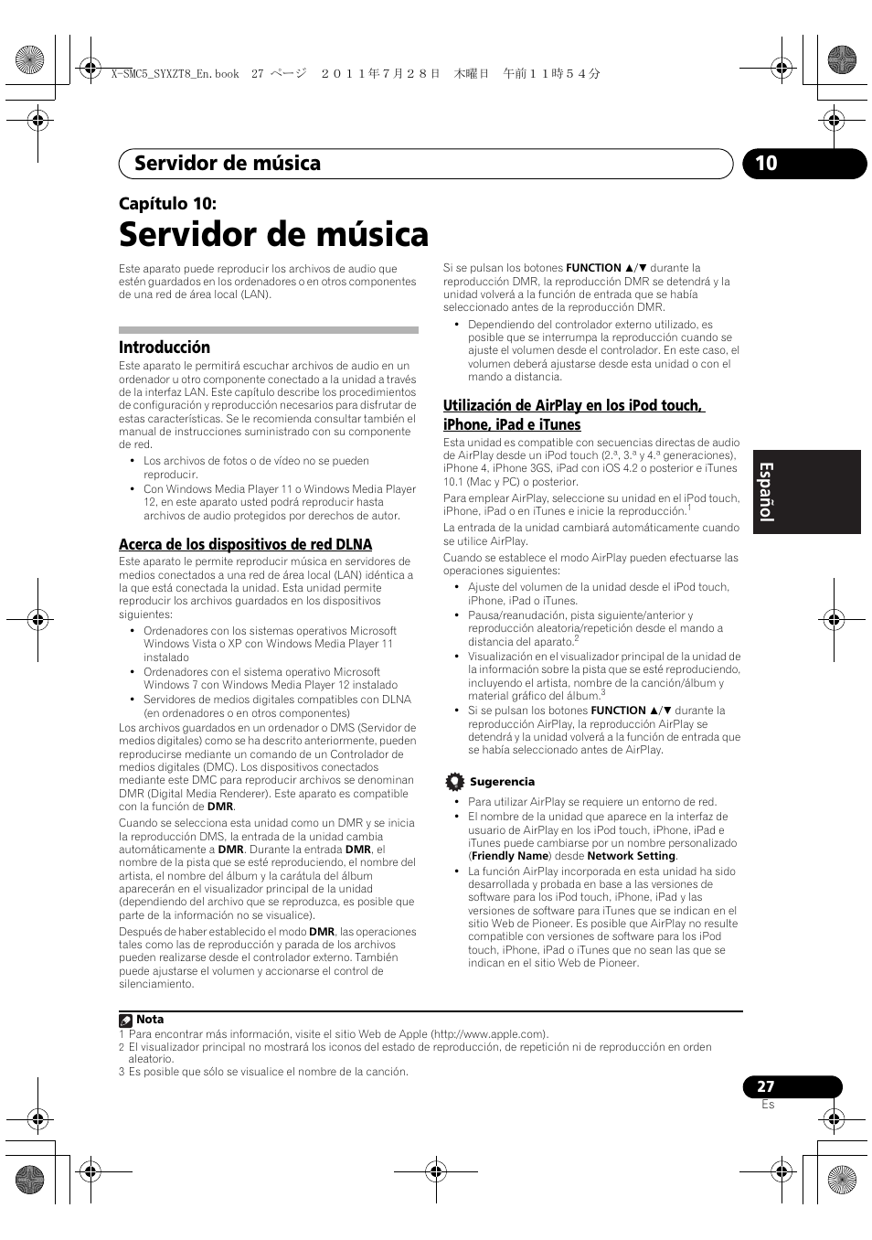 Introducción, Servidor de música, Servidor de música 10 | English français español capítulo 10, Acerca de los dispositivos de red dlna | Pioneer X-SMC5-K User Manual | Page 135 / 168