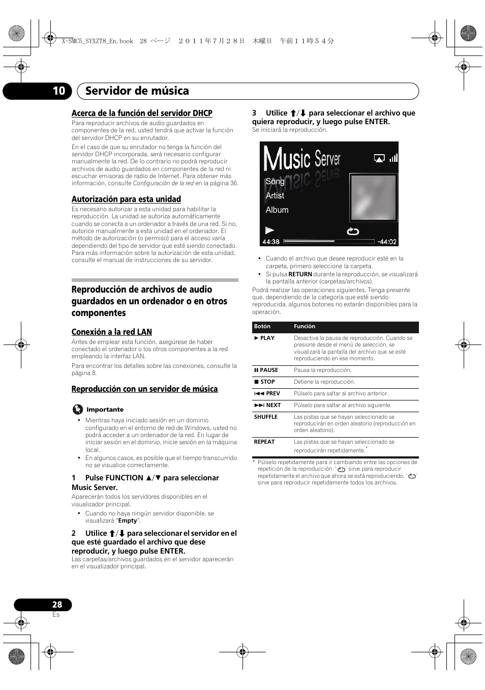 Servidor de música 10, Acerca de la función del servidor dhcp, Autorización para esta unidad | Conexión a la red lan, Reproducción con un servidor de música, Song artist album | Pioneer X-SMC5-K User Manual | Page 136 / 168