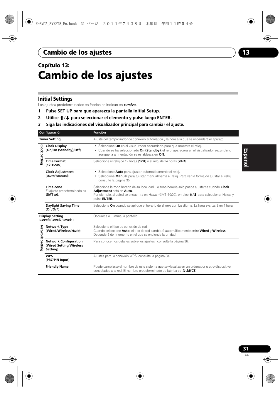 Initial settings, Cambio de los ajustes, Cambio de los ajustes 13 | English français español capítulo 13 | Pioneer X-SMC5-K User Manual | Page 139 / 168
