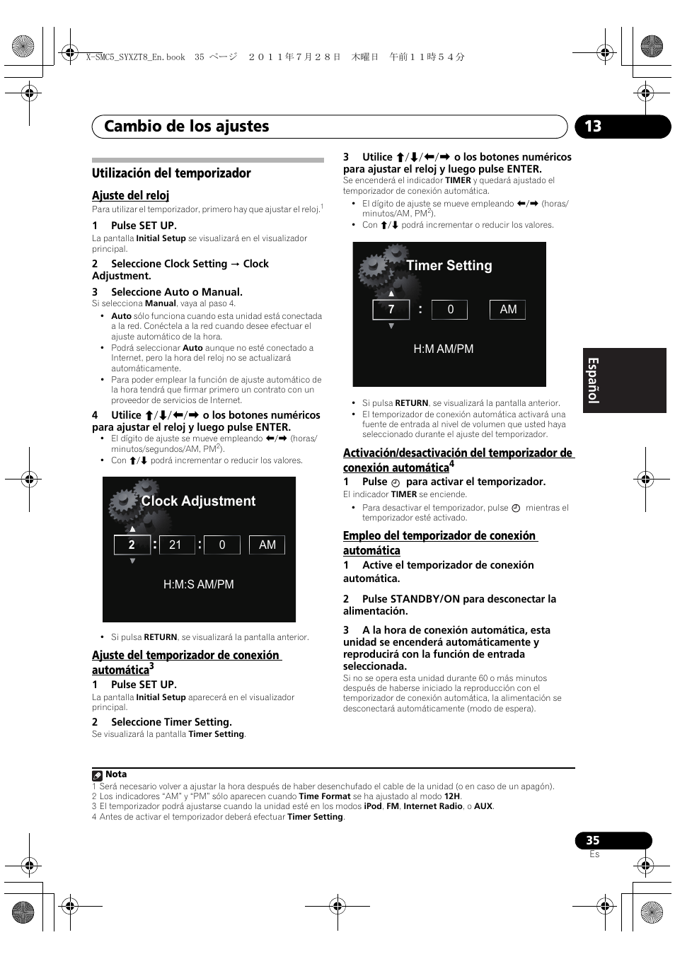 Utilización del temporizador, Cambio de los ajustes 13, Clock adjustment | Timer setting | Pioneer X-SMC5-K User Manual | Page 143 / 168