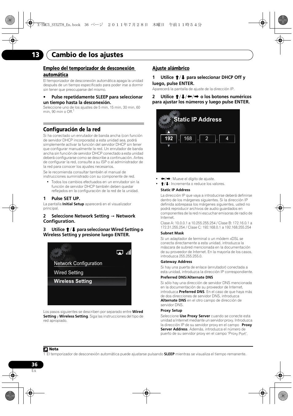 Empleo del temporizador de desconexión automática, Configuración de la red, Ajuste alámbrico | Cambio de los ajustes 13, Static ip address | Pioneer X-SMC5-K User Manual | Page 144 / 168