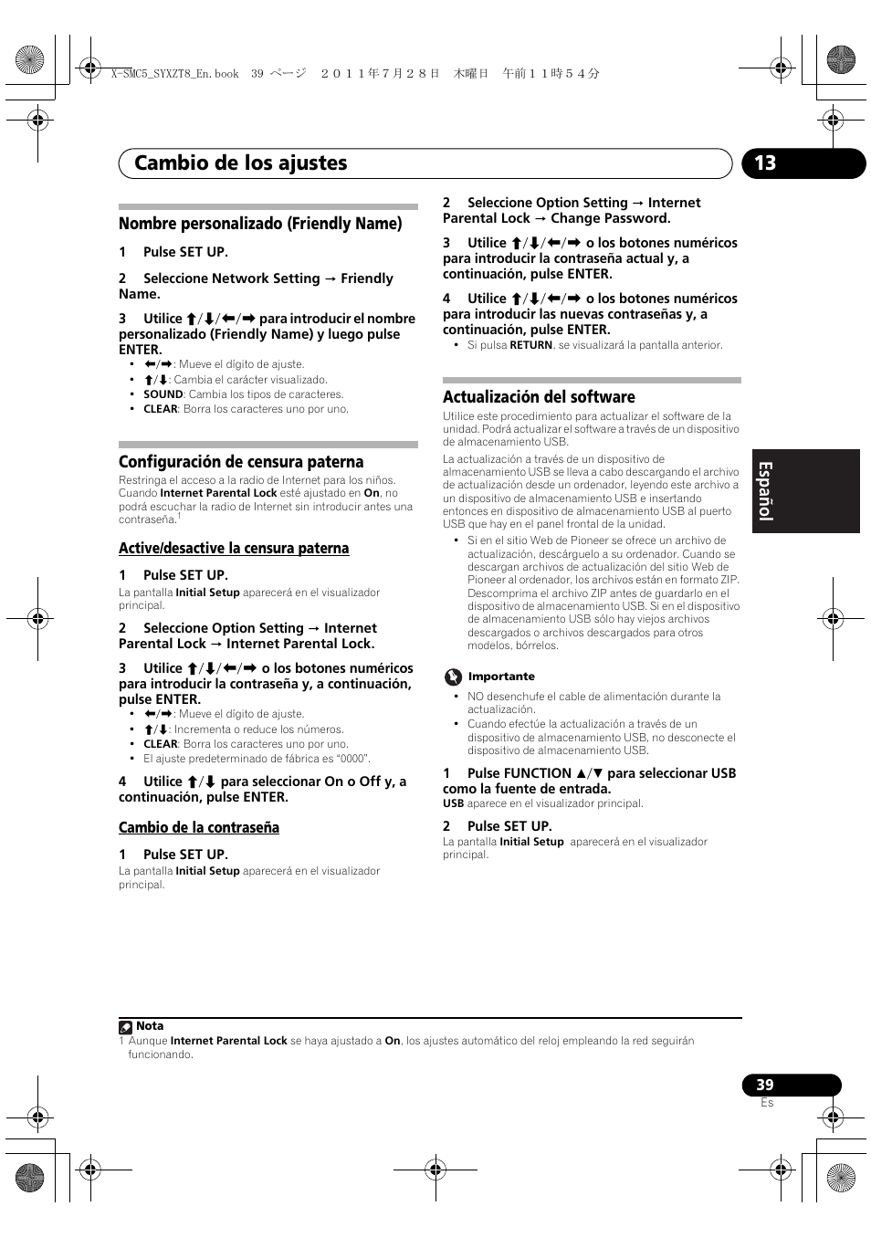 Actualización del software, Cambio de los ajustes 13, Configuración de censura paterna | Pioneer X-SMC5-K User Manual | Page 147 / 168