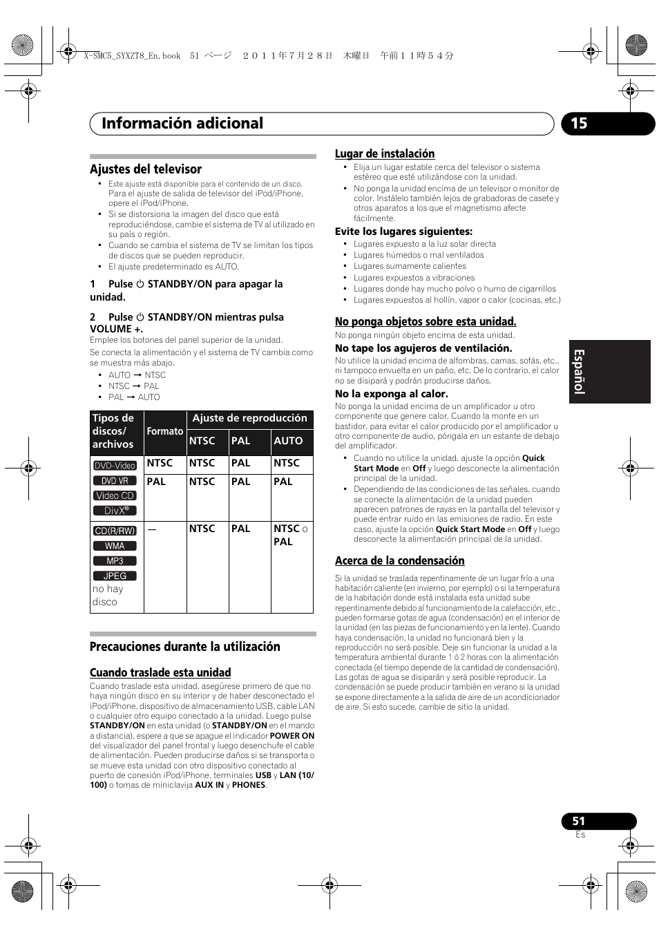 Información adicional 15, English français español ajustes del televisor, Precauciones durante la utilización | Pioneer X-SMC5-K User Manual | Page 159 / 168