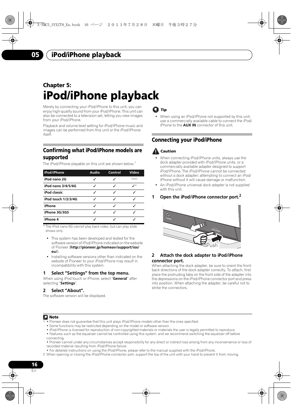 Ipod/iphone playback, Ipod/iphone playback 05, Chapter 5 | Confirming what ipod/iphone models are supported, Connecting your ipod/iphone | Pioneer X-SMC5-K User Manual | Page 16 / 168