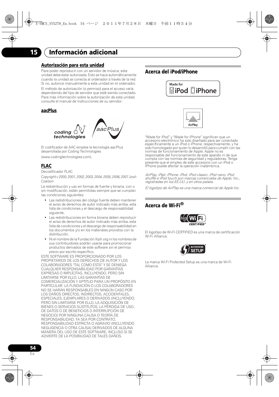 Acerca del ipod/iphone acerca de wi-fi, Información adicional 15, Acerca del ipod/iphone | Acerca de wi-fi | Pioneer X-SMC5-K User Manual | Page 162 / 168