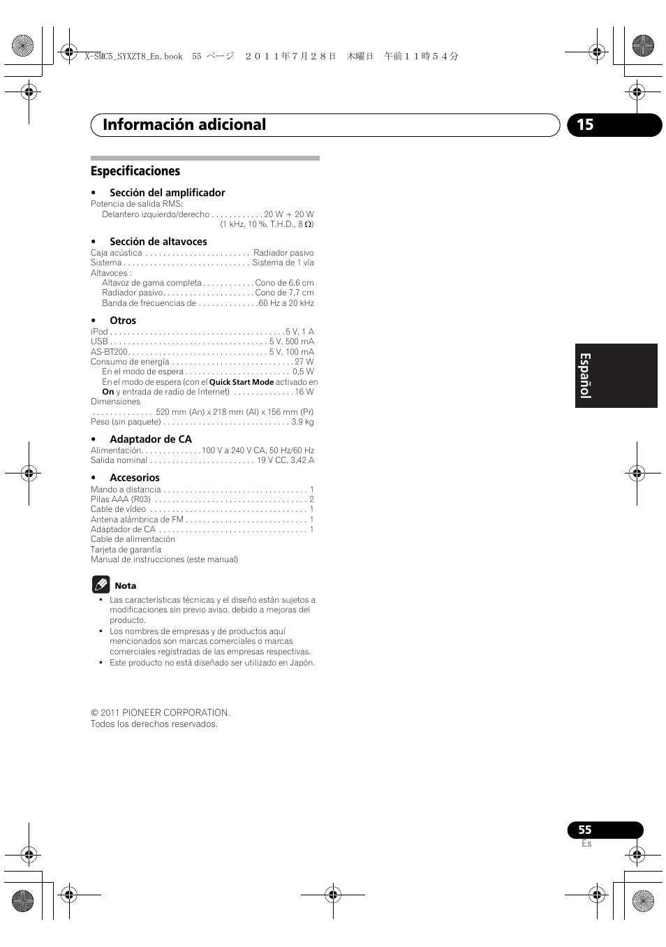 Especificaciones, Información adicional 15, English français español especificaciones | Pioneer X-SMC5-K User Manual | Page 163 / 168