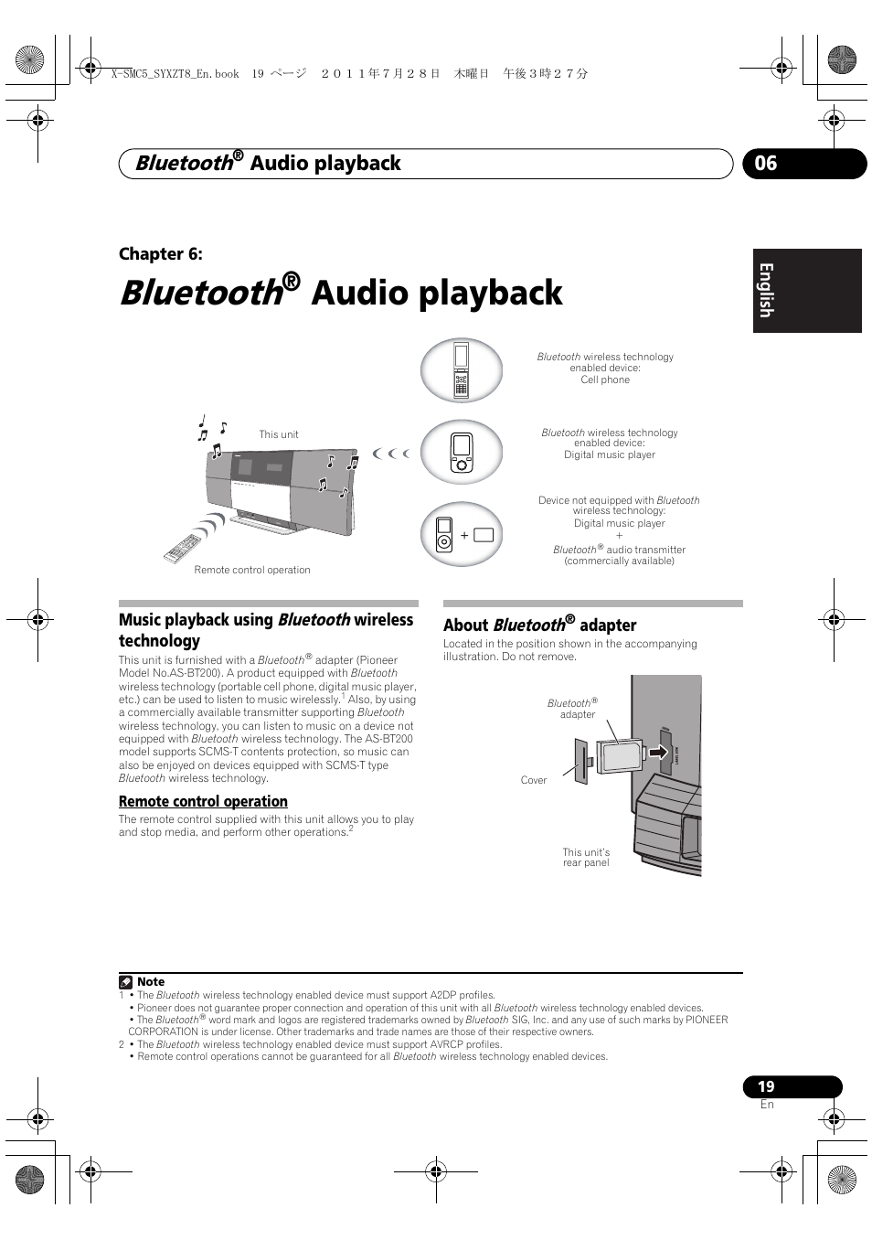 Music playback using, Bluetooth, Wireless | Technology, Remote control operation, About, Adapter, Audio playback, Audio playback 06, English français español chapter 6 | Pioneer X-SMC5-K User Manual | Page 19 / 168
