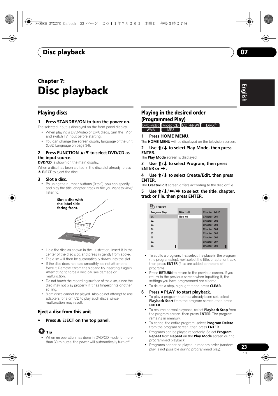 Playing discs, Eject a disc from this unit, Playing in the desired order (programmed play) | Disc playback, Disc playback 07, English français español chapter 7 | Pioneer X-SMC5-K User Manual | Page 23 / 168