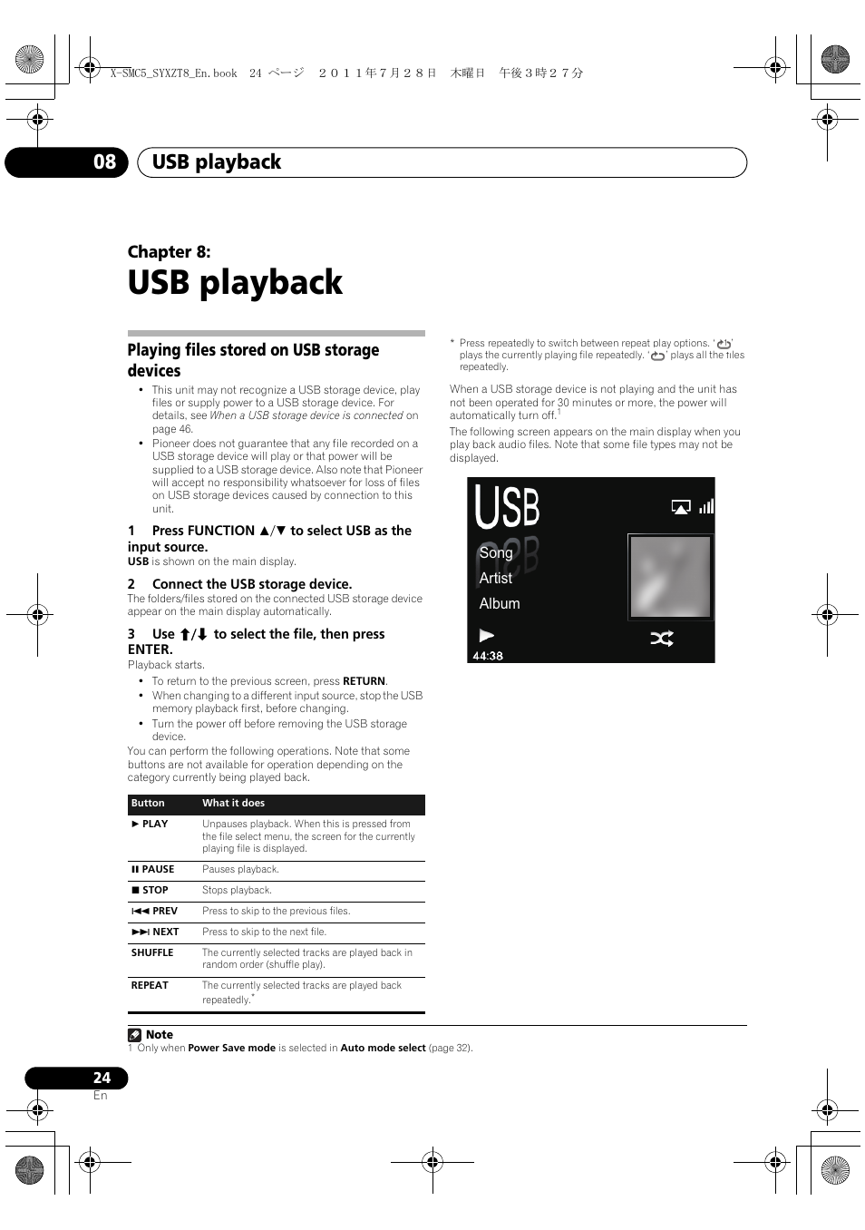 Playing files stored on usb storage devices, Usb playback, Usb playback 08 | Chapter 8, Song artist album | Pioneer X-SMC5-K User Manual | Page 24 / 168