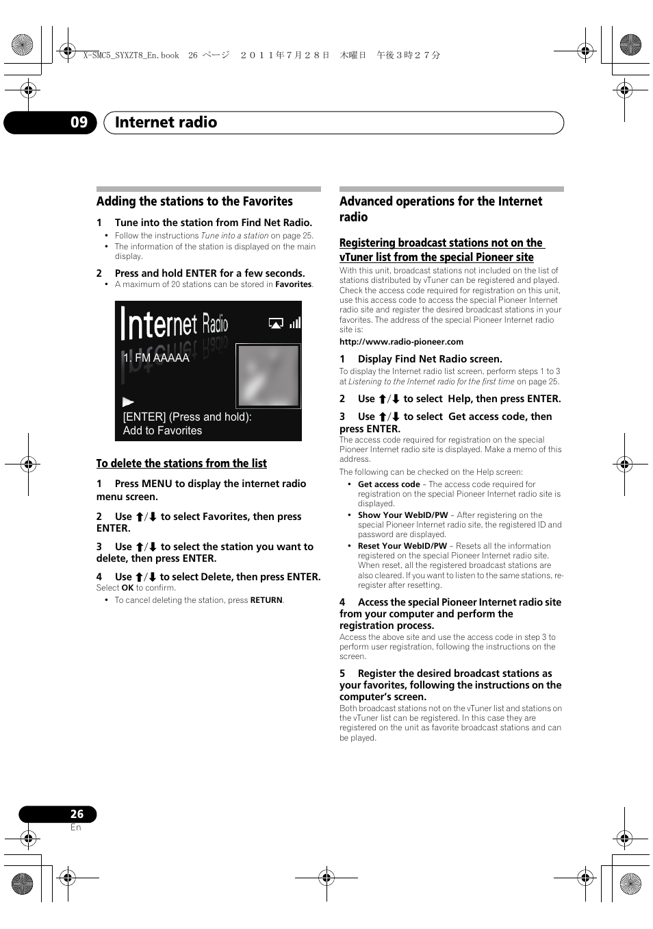 Adding the stations to the favorites, To delete the stations from the list, Advanced operations for the internet radio | Internet radio 09 | Pioneer X-SMC5-K User Manual | Page 26 / 168