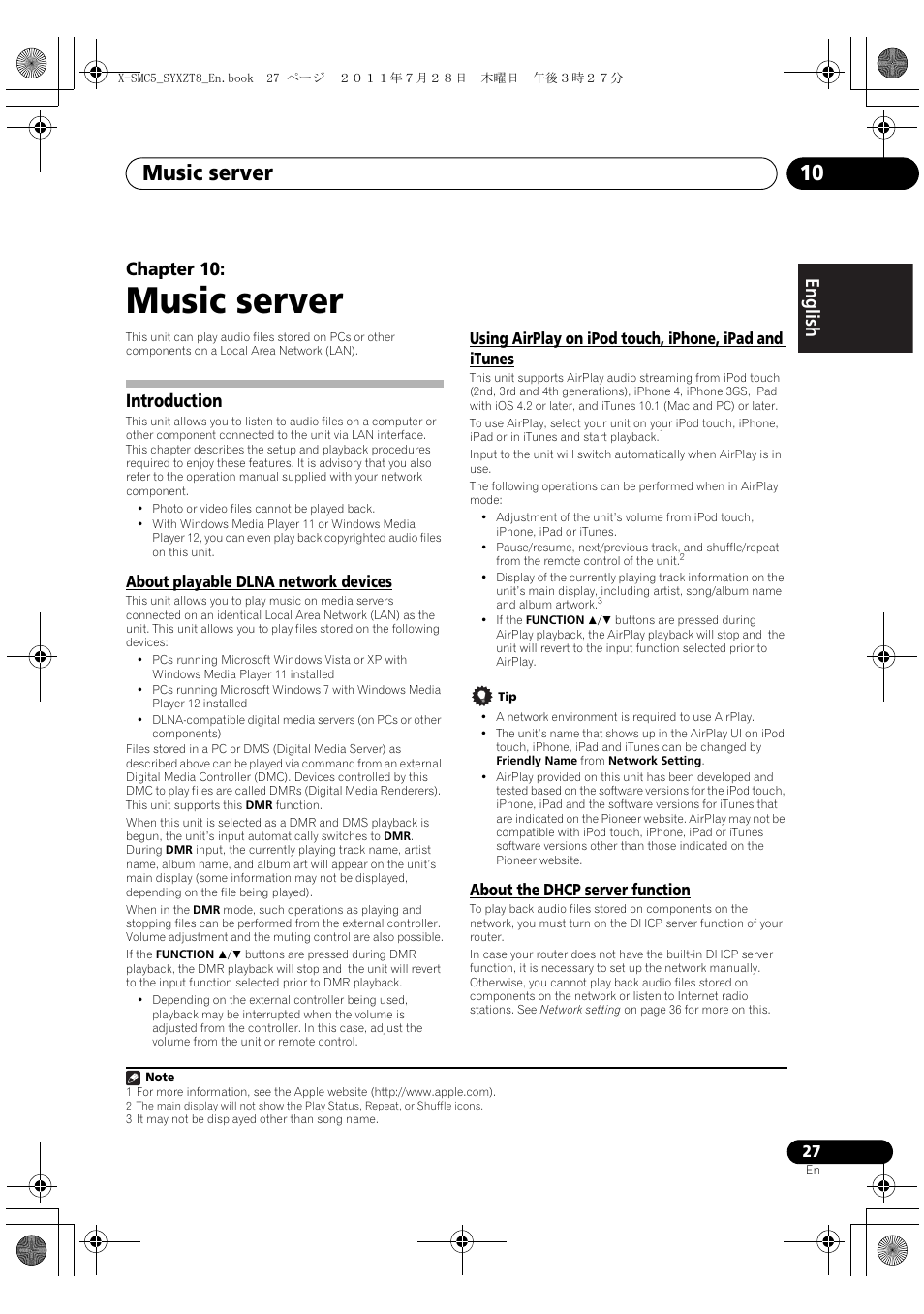 Introduction, Music server, Music server 10 | English français español chapter 10 | Pioneer X-SMC5-K User Manual | Page 27 / 168