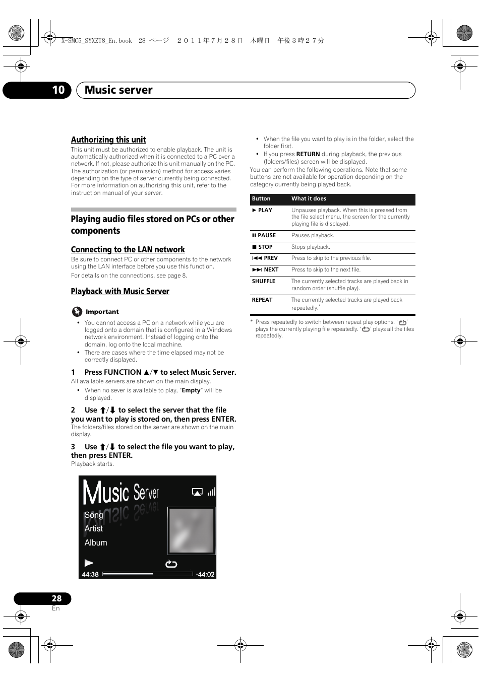 Authorizing this unit, Music server 10, Connecting to the lan network | Playback with music server, Song artist album | Pioneer X-SMC5-K User Manual | Page 28 / 168