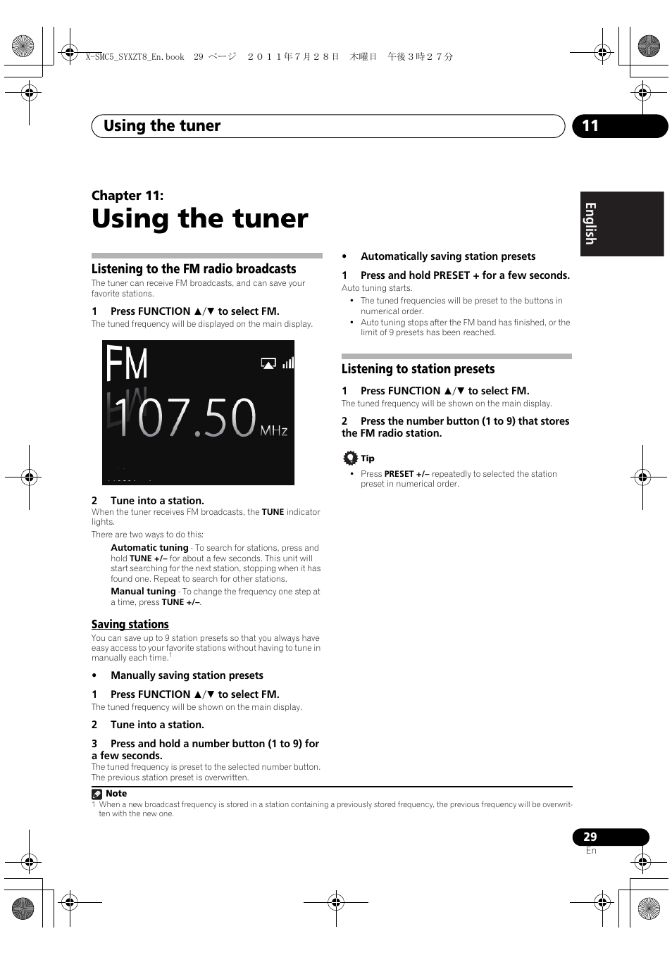 Listening to the fm radio broadcasts, Saving stations, Listening to station presets | Using the tuner, Using the tuner 11, English français español chapter 11 | Pioneer X-SMC5-K User Manual | Page 29 / 168