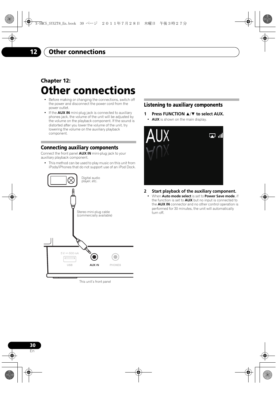 Other connections, Other connections 12, Chapter 12 | Connecting auxiliary components, Listening to auxiliary components | Pioneer X-SMC5-K User Manual | Page 30 / 168