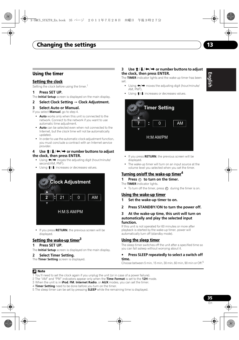 Using the timer, Changing the settings 13, Clock adjustment | Timer setting, English français español using the timer | Pioneer X-SMC5-K User Manual | Page 35 / 168