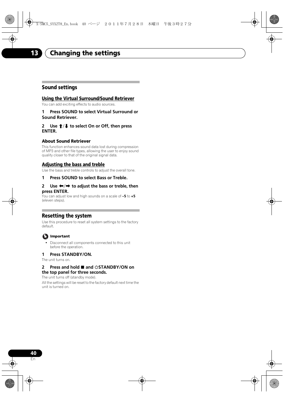 Sound settings, Resetting the system, Changing the settings 13 | Pioneer X-SMC5-K User Manual | Page 40 / 168