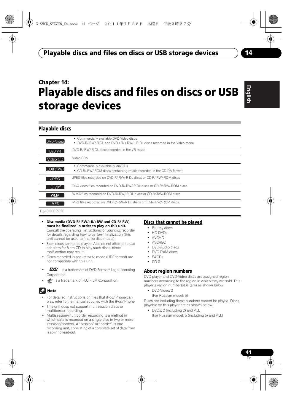 Playable discs, Discs that cannot be played about region numbers, English français español chapter 14 | Pioneer X-SMC5-K User Manual | Page 41 / 168