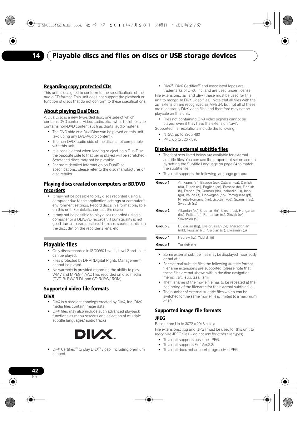 Playable files, Regarding copy protected cds, About playing dualdiscs | Supported video file formats, Displaying external subtitle files, Supported image file formats | Pioneer X-SMC5-K User Manual | Page 42 / 168